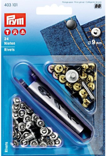 Prym Rivets 9mm silver/antique steel with tools 24pc